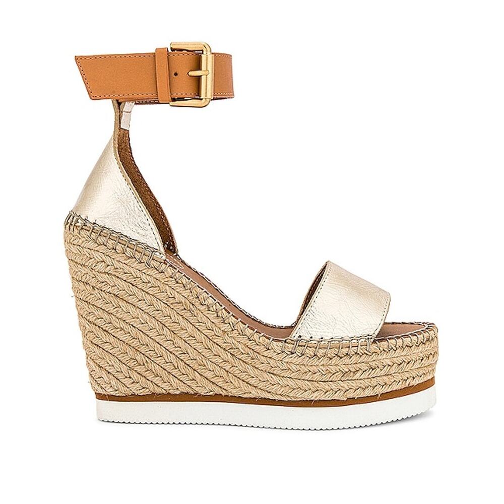 See By Chloe Metallic Gold Glyn Wedge Sandals Size US 9